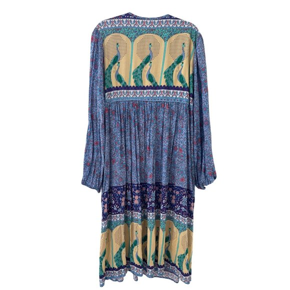 R. Vivimos Long Sleeve Bohemian Peacock Printed V-Neck Midi Dress Tassel Tie - Picture 5 of 9